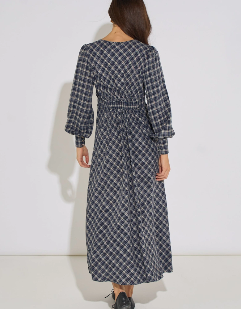 Blue Check Contrast Lace Trim Midi Dress