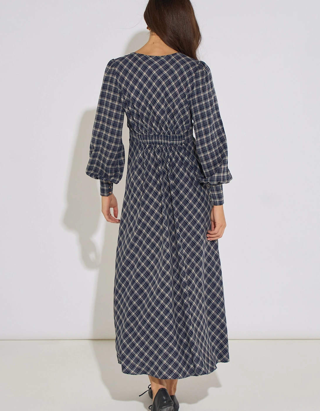 Blue Check Contrast Lace Trim Midi Dress