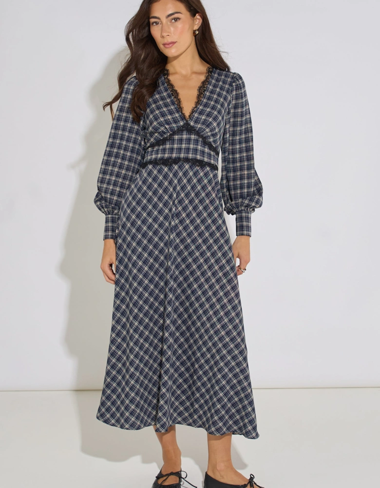 Blue Check Contrast Lace Trim Midi Dress