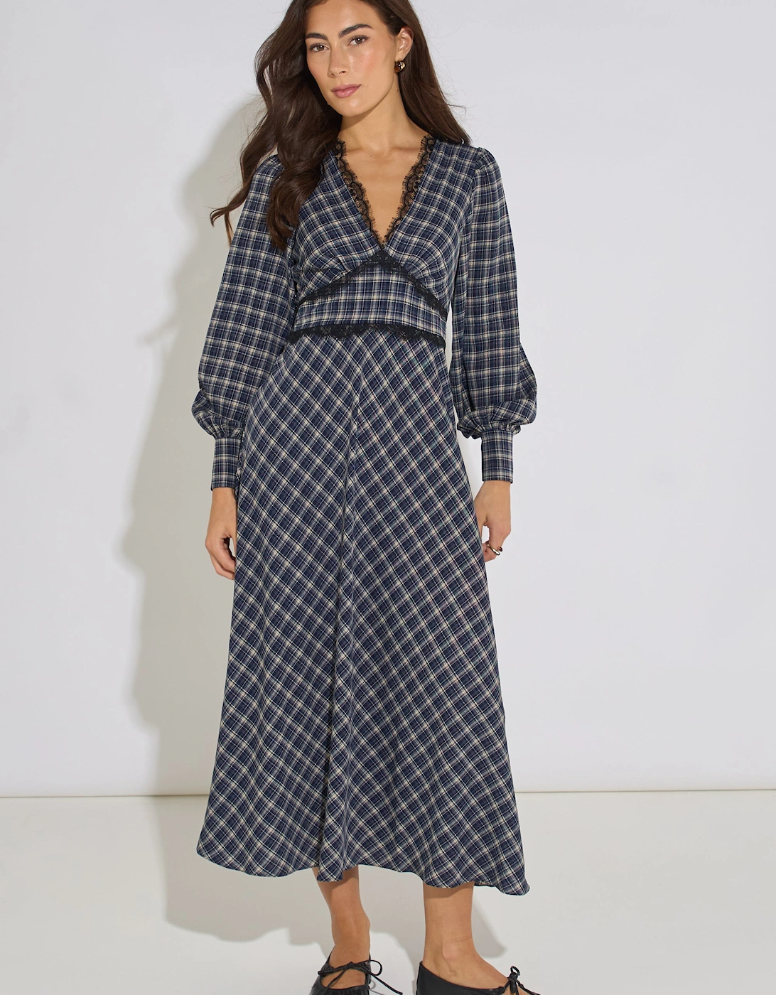 Blue Check Contrast Lace Trim Midi Dress