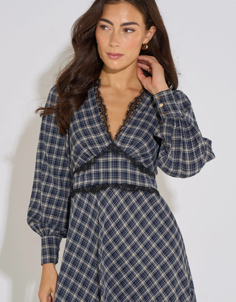 Blue Check Contrast Lace Trim Midi Dress