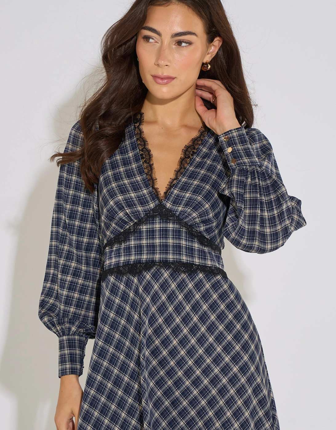 Blue Check Contrast Lace Trim Midi Dress