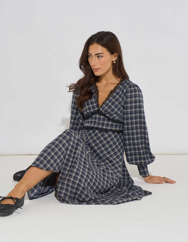 Blue Check Contrast Lace Trim Midi Dress