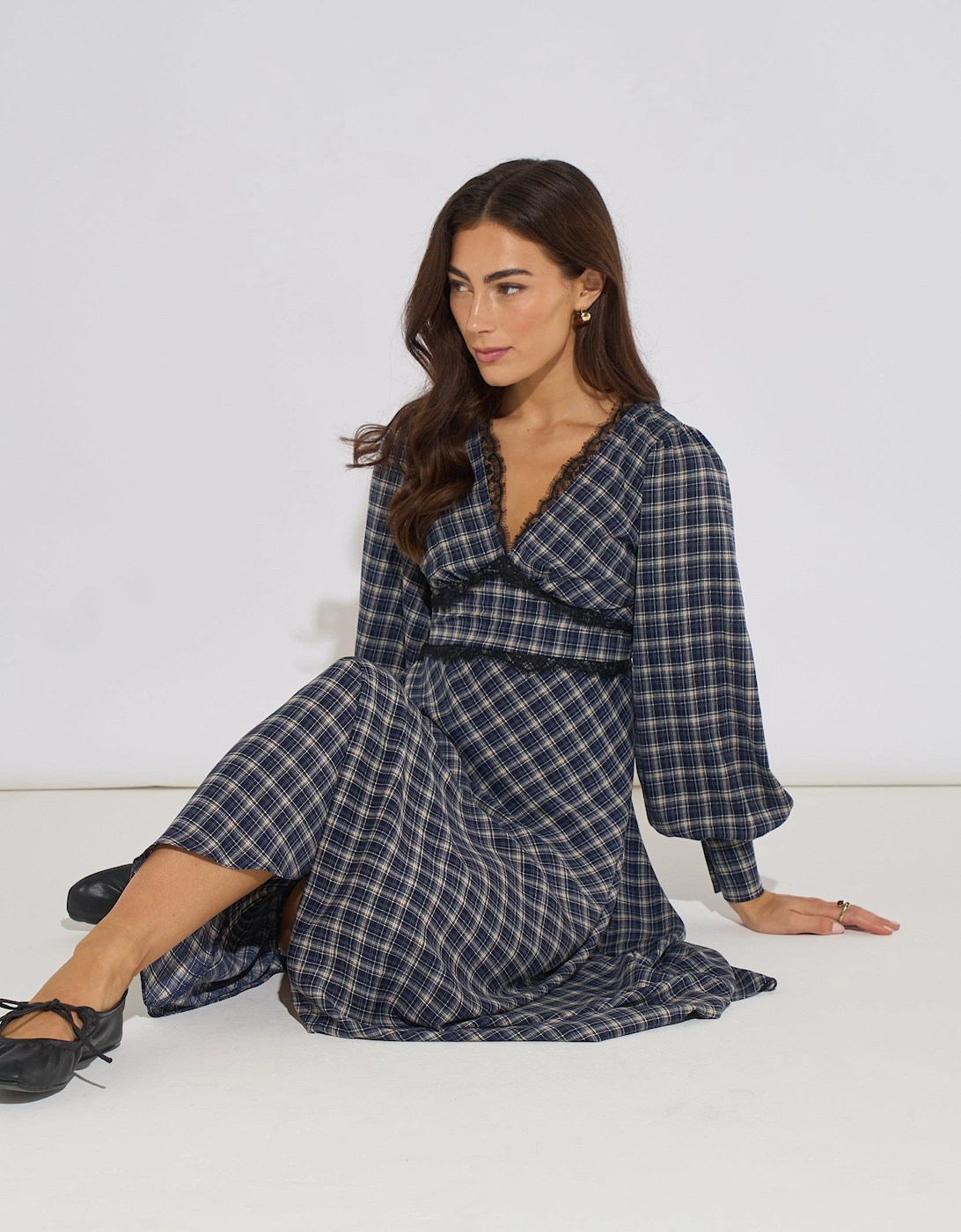 Blue Check Contrast Lace Trim Midi Dress