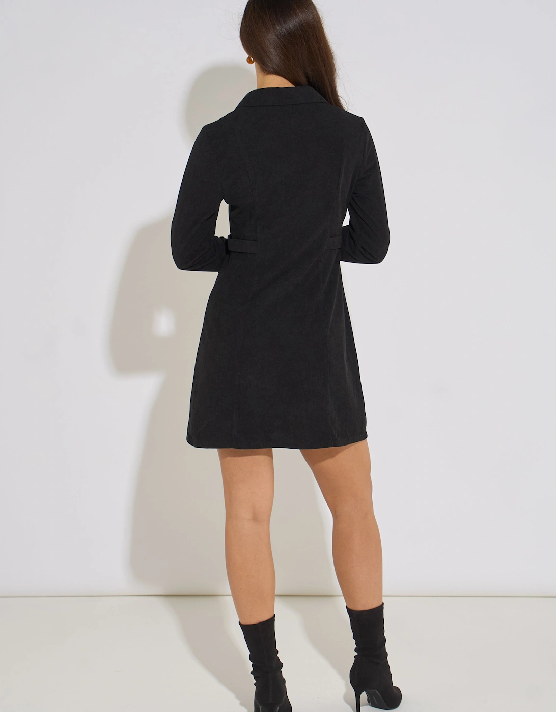 Black Long Sleeve Button Detail Cord Mini Dress