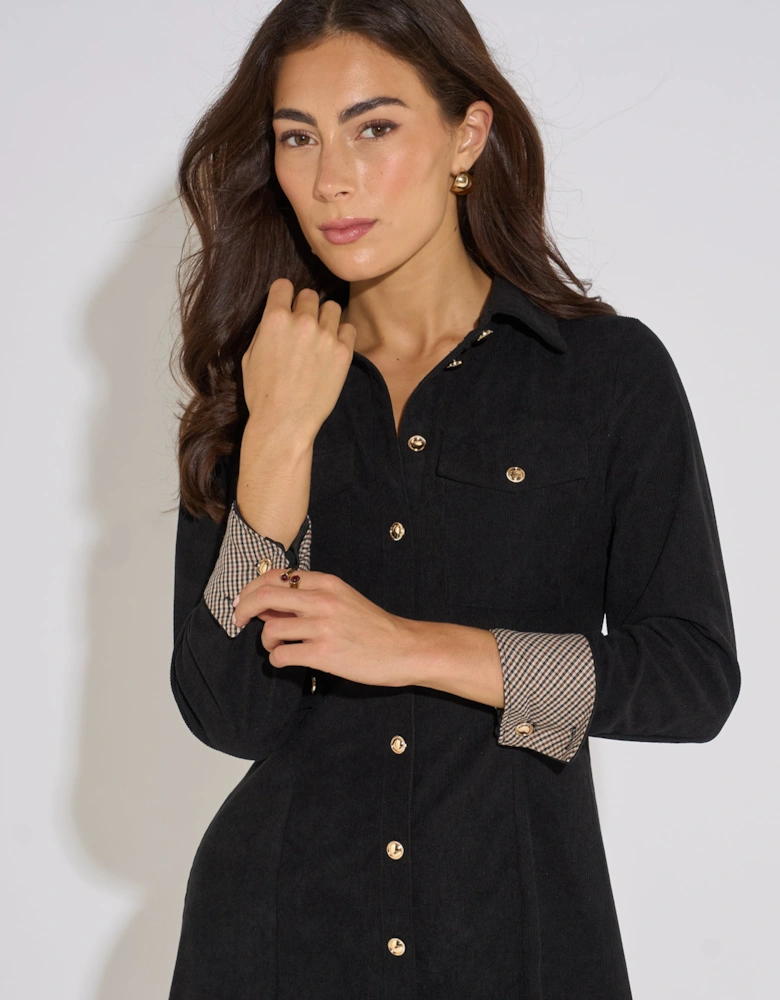 Black Long Sleeve Button Detail Cord Mini Dress