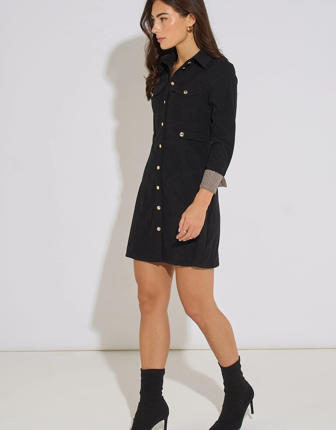 Black Long Sleeve Button Detail Cord Mini Dress