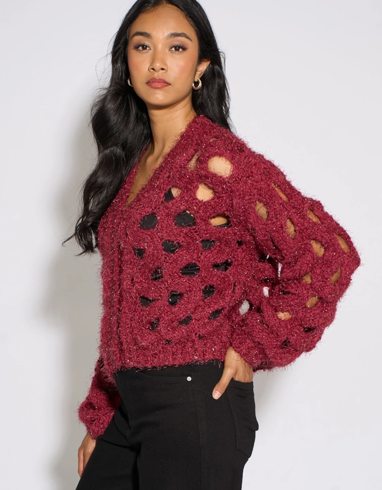 Cerise Hollow Chunky Knit Cardigan