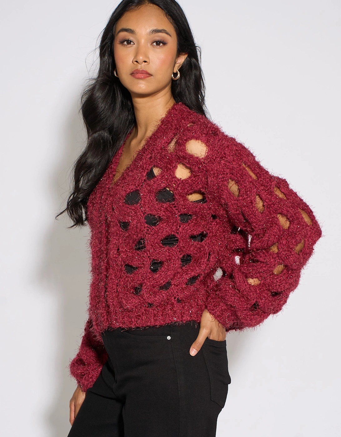 Cerise Hollow Chunky Knit Cardigan