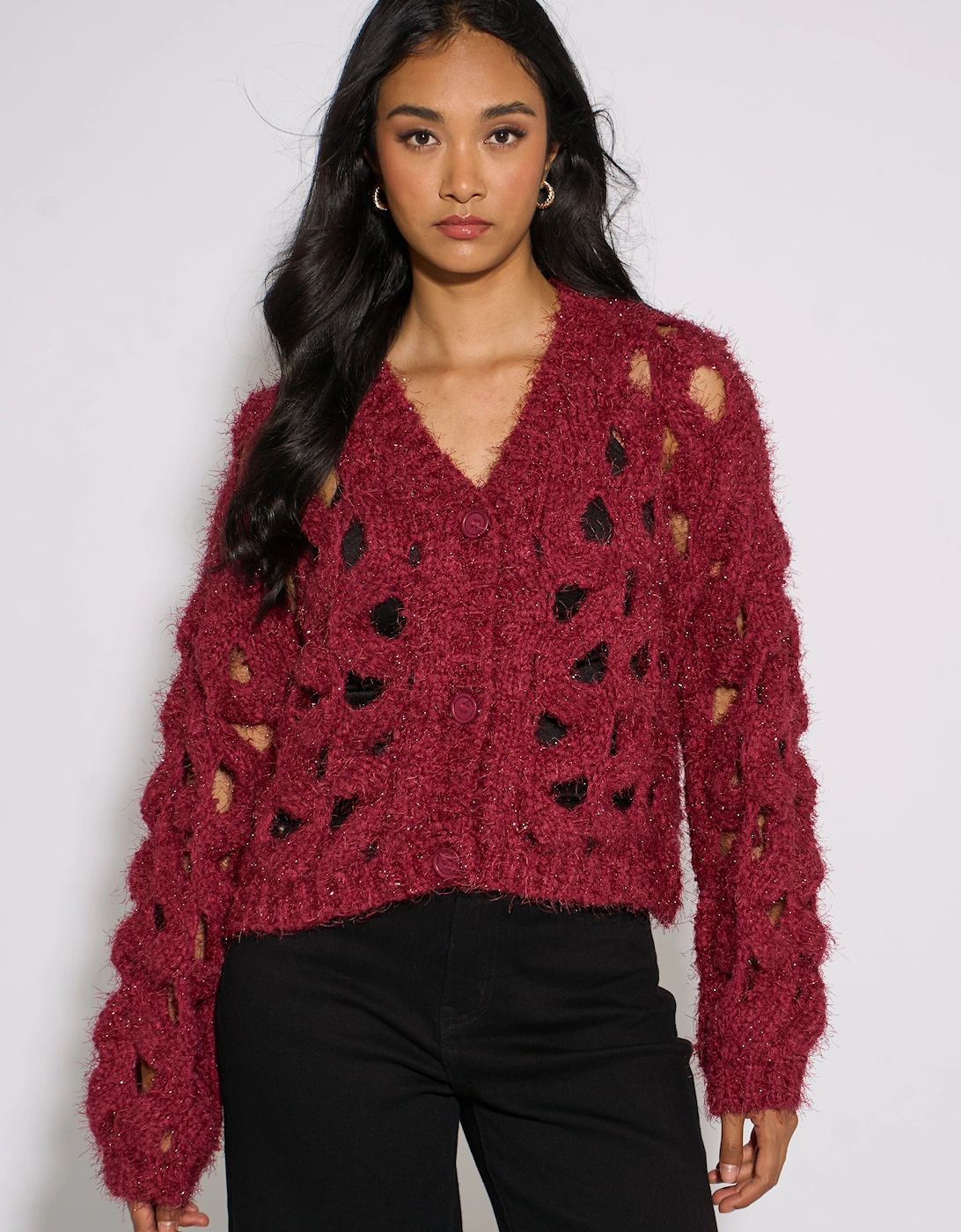 Cerise Hollow Chunky Knit Cardigan