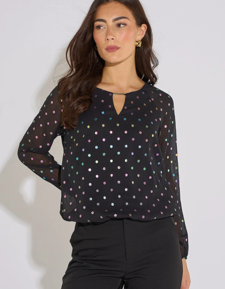Black Multicolour Spot Foil Bubble Hem Top