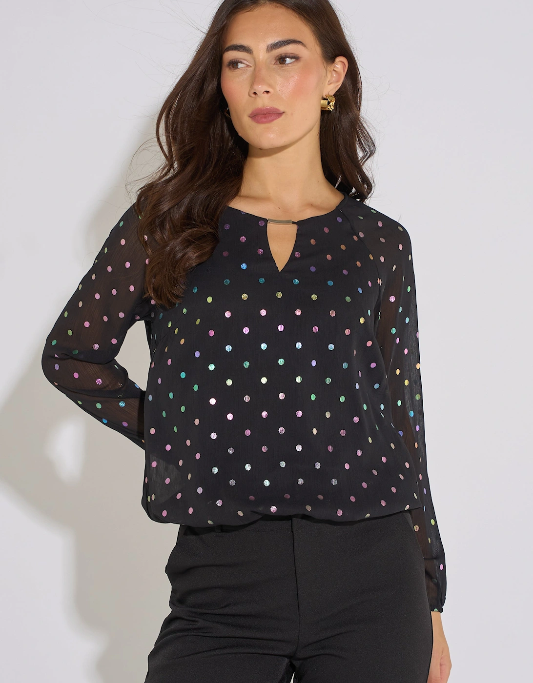 Black Multicolour Spot Foil Bubble Hem Top