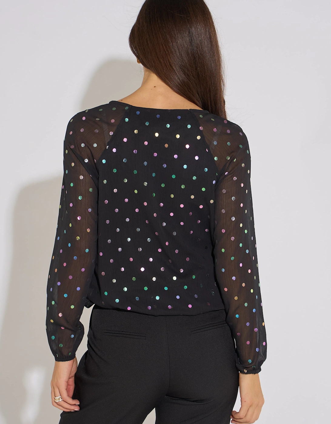 Black Multicolour Spot Foil Bubble Hem Top