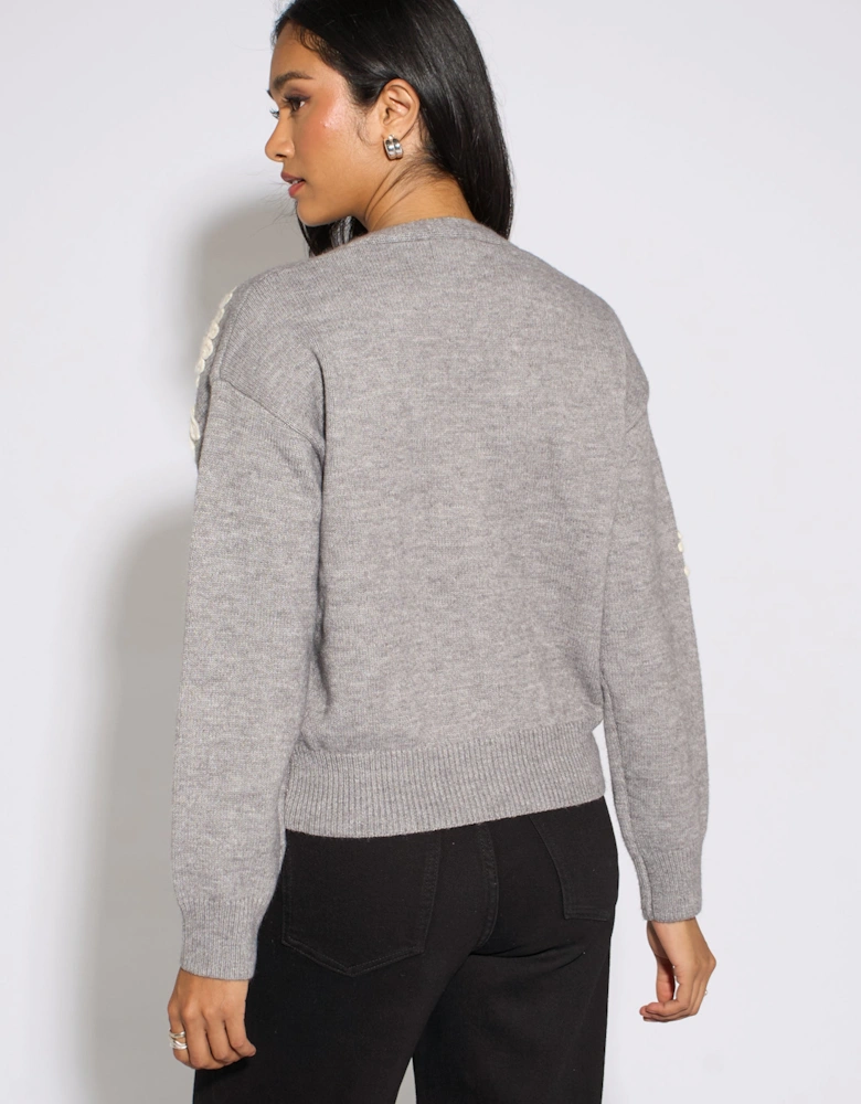 Grey Marl Floral Applique Button Front Cardigan