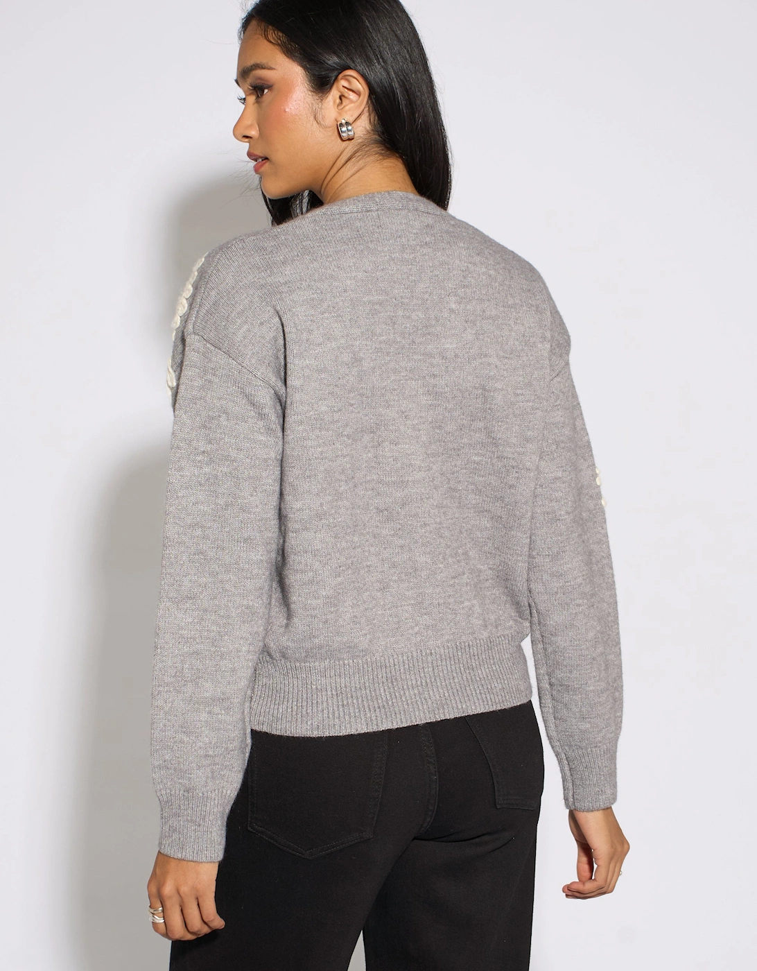 Grey Marl Floral Applique Button Front Cardigan