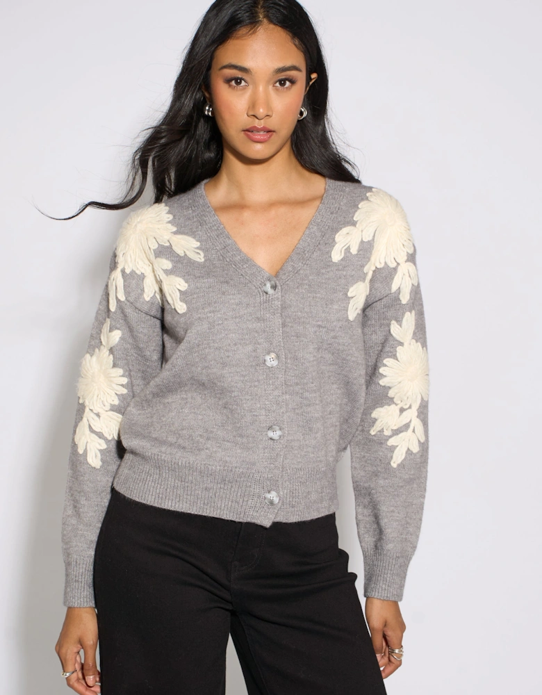 Grey Marl Floral Applique Button Front Cardigan