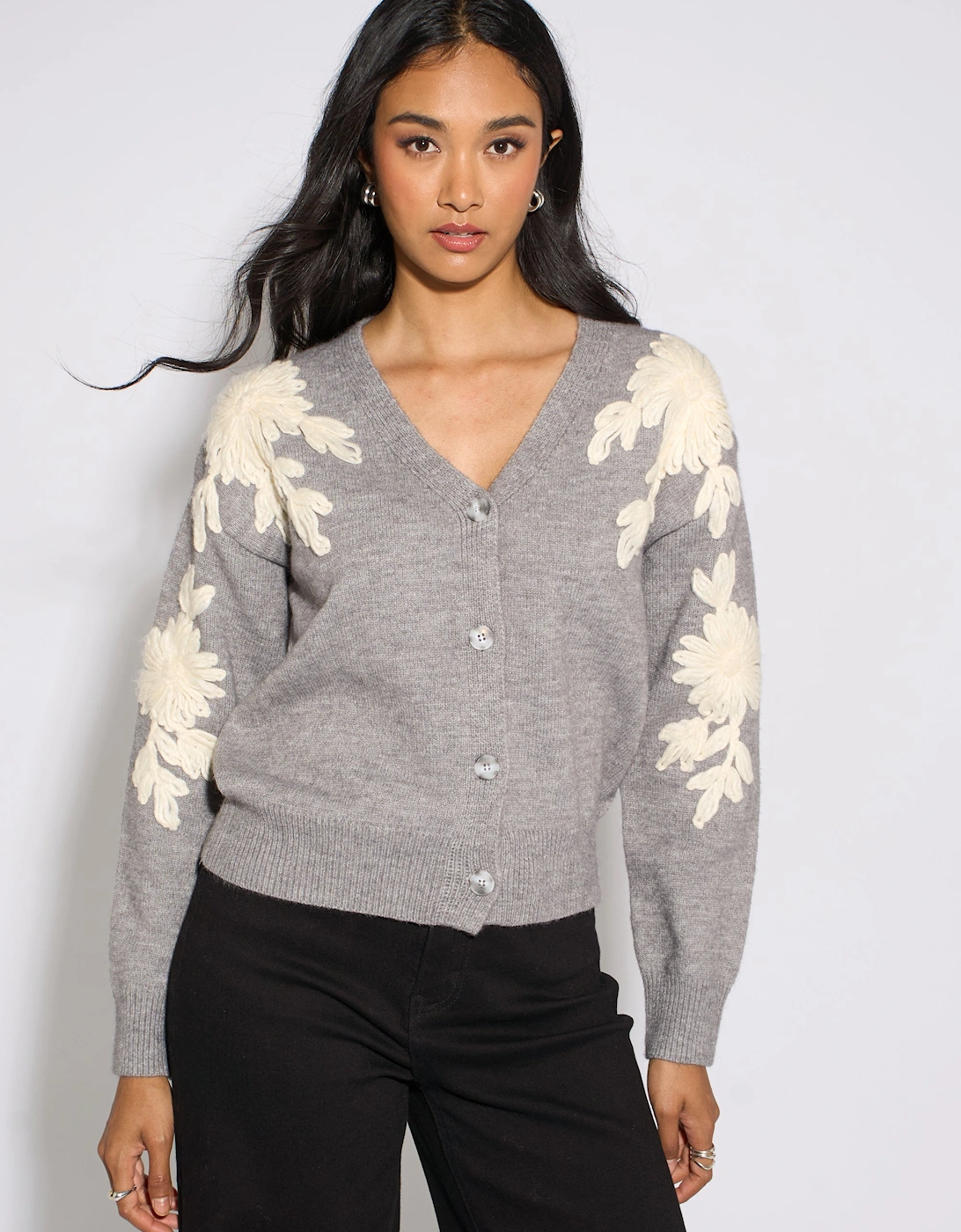 Grey Marl Floral Applique Button Front Cardigan