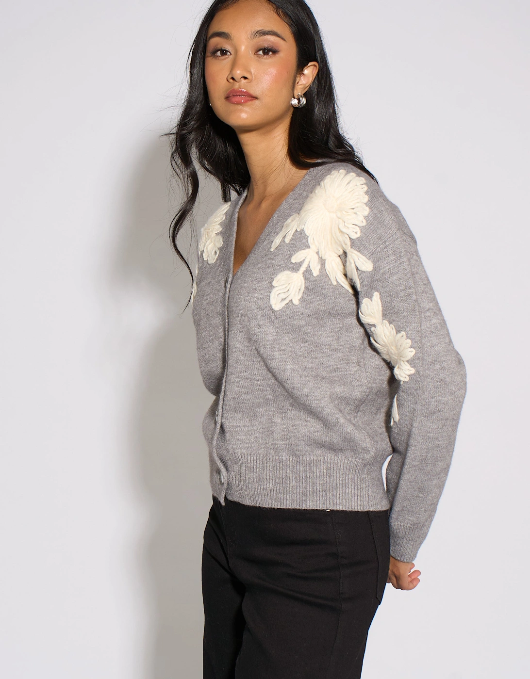 Grey Marl Floral Applique Button Front Cardigan