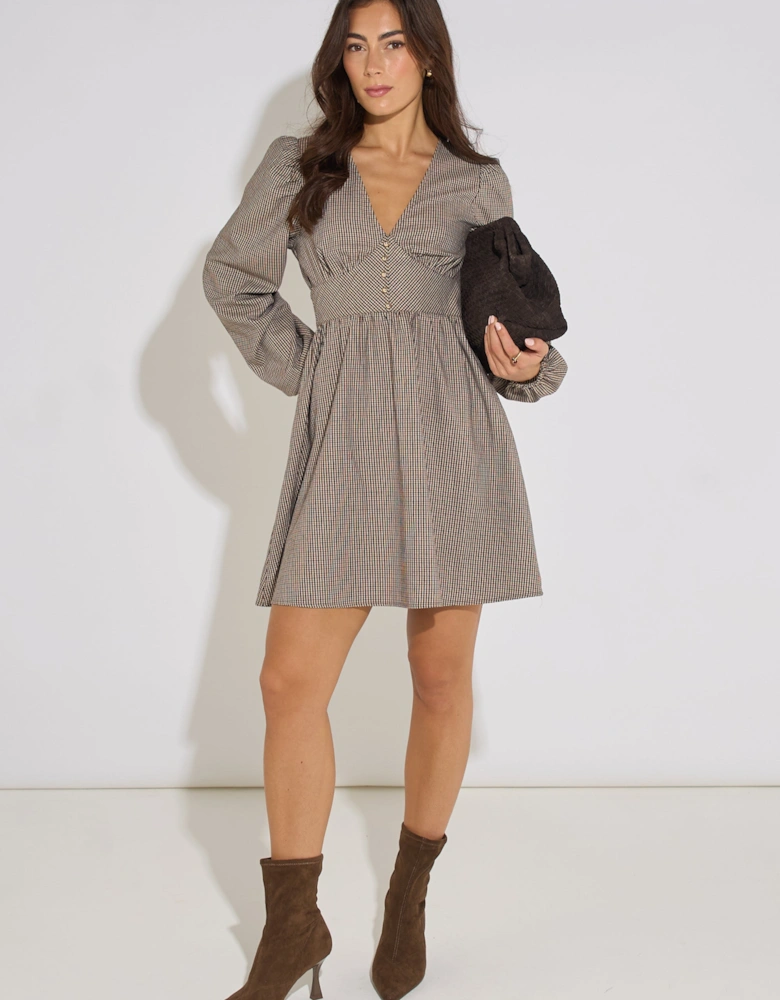 Brown Check Long Sleeves Mini Dress
