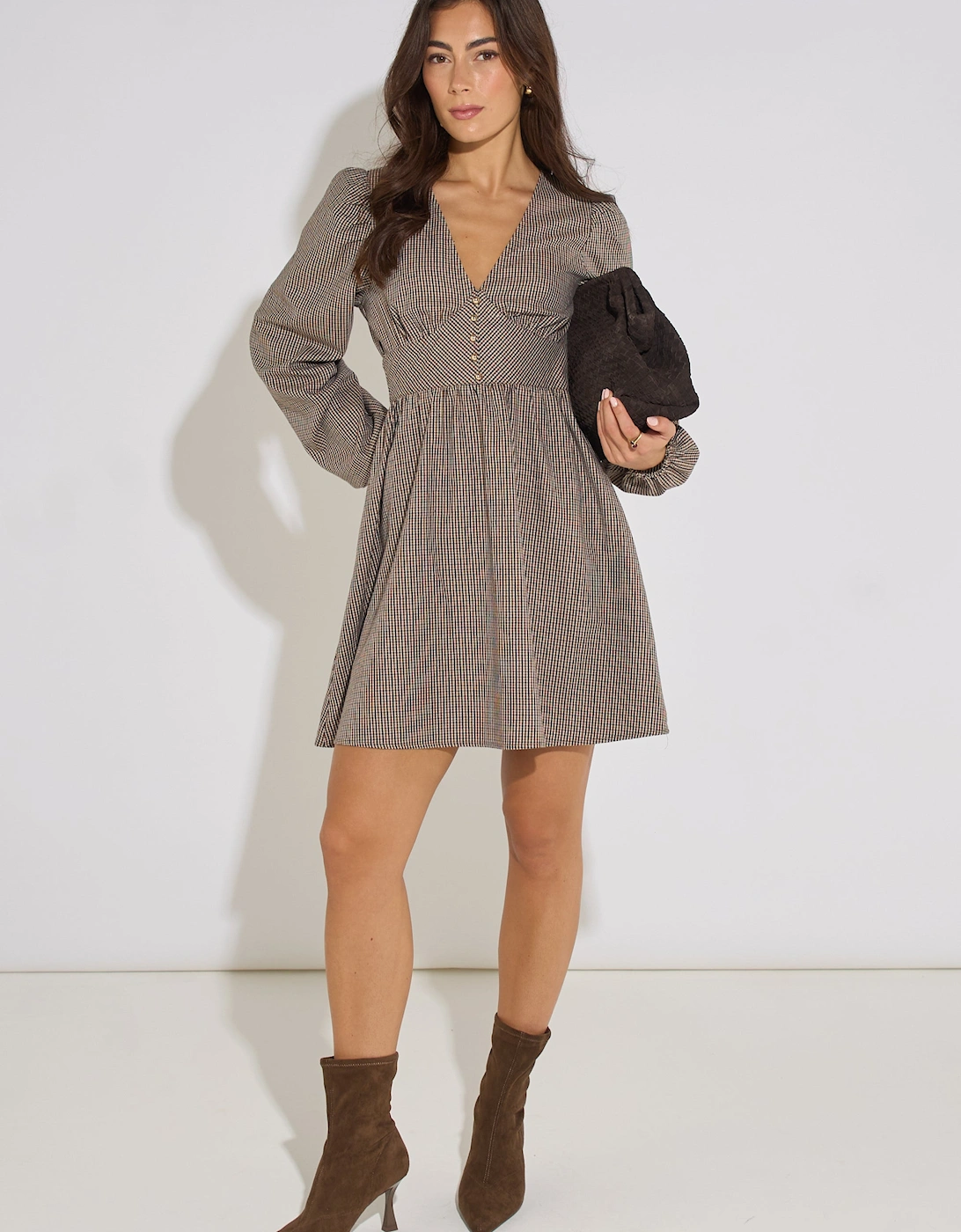 Brown Check Long Sleeves Mini Dress