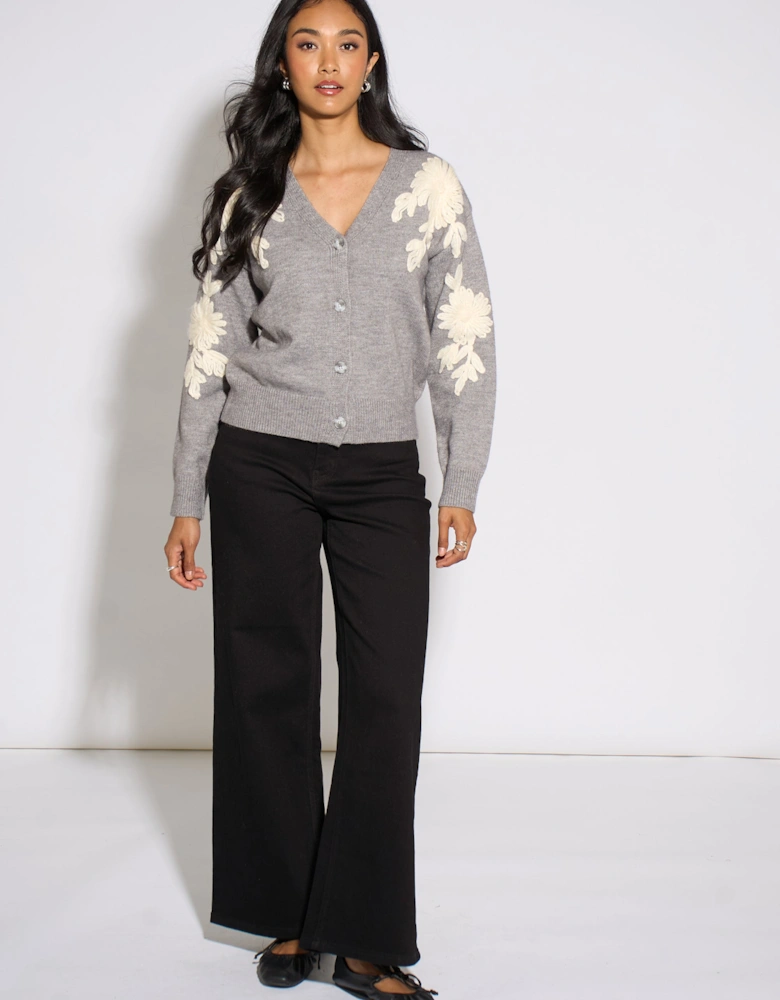 Grey Marl Floral Applique Button Front Cardigan