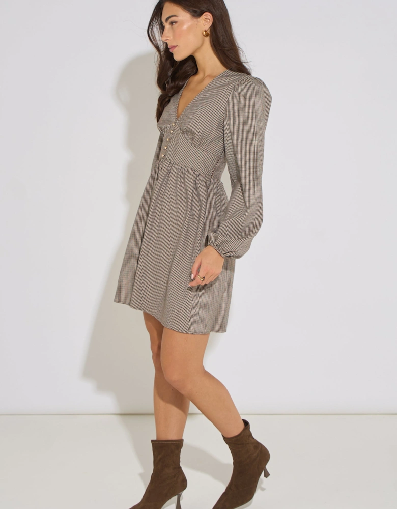 Brown Check Long Sleeves Mini Dress