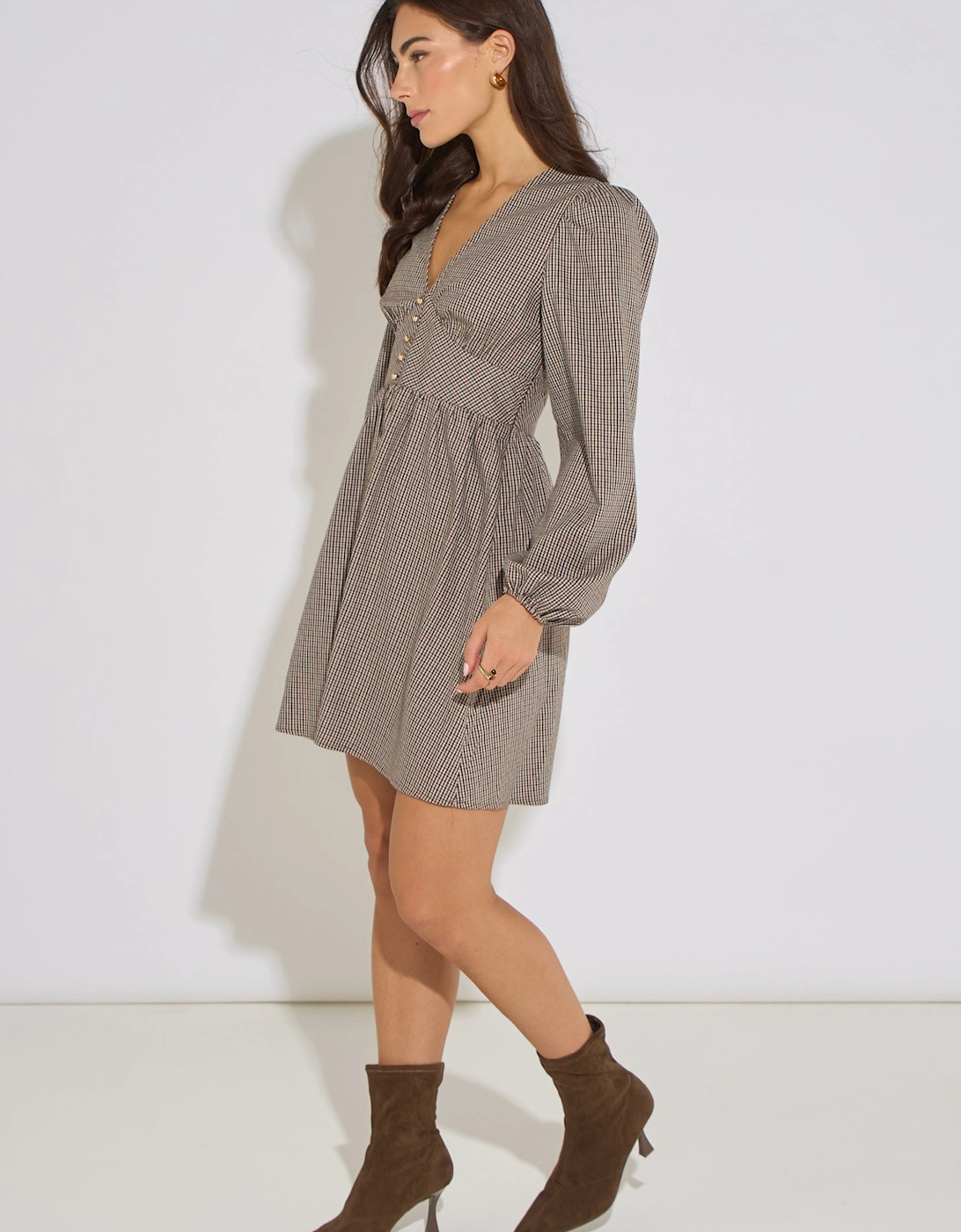 Brown Check Long Sleeves Mini Dress