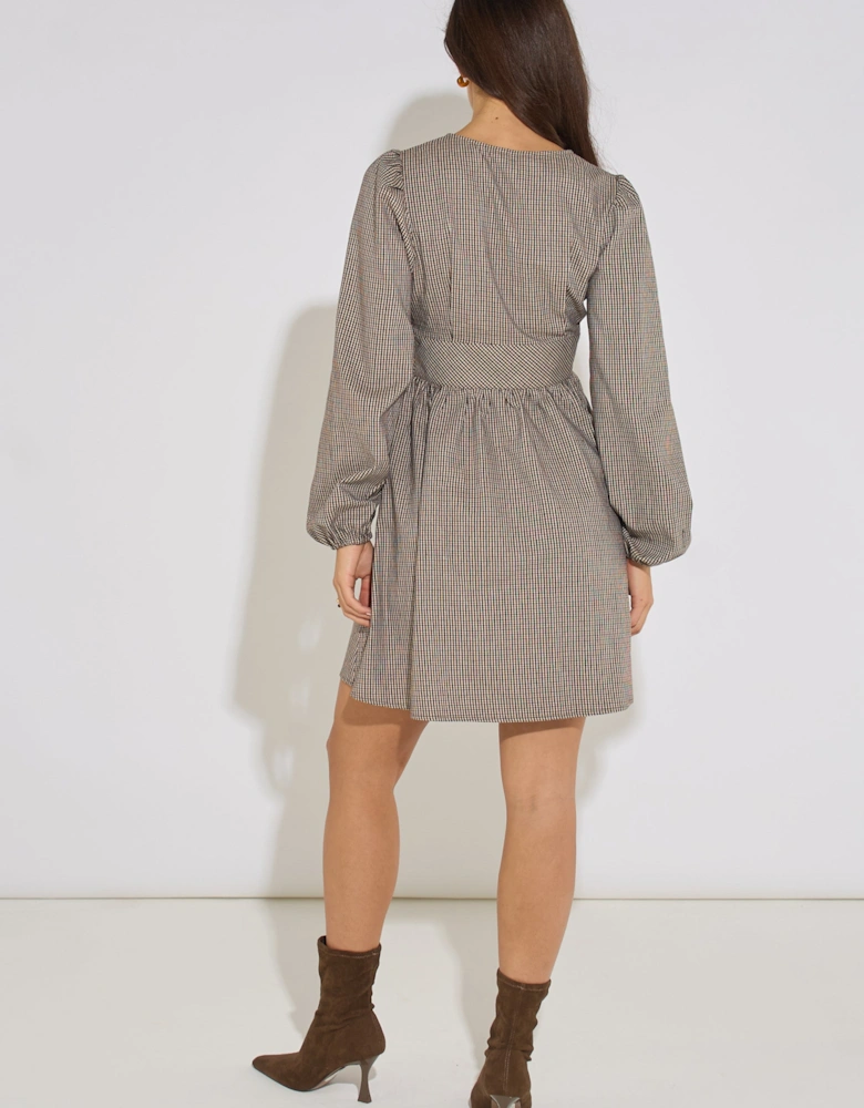 Brown Check Long Sleeves Mini Dress