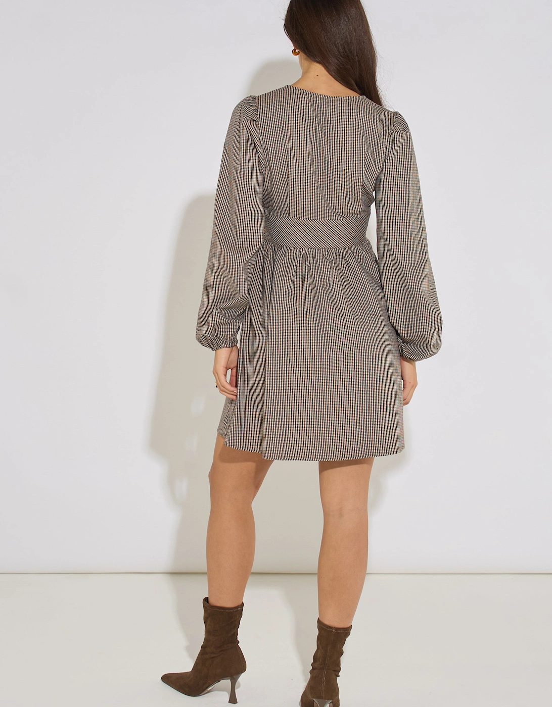 Brown Check Long Sleeves Mini Dress