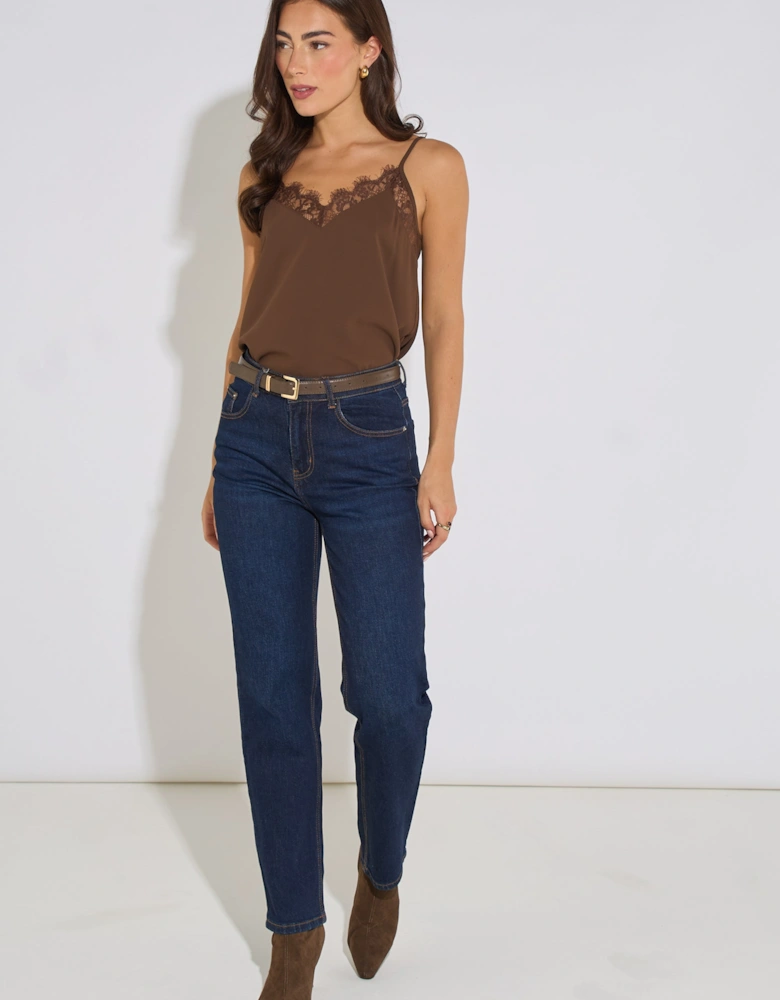 Brown Lace Trim Strappy Cami