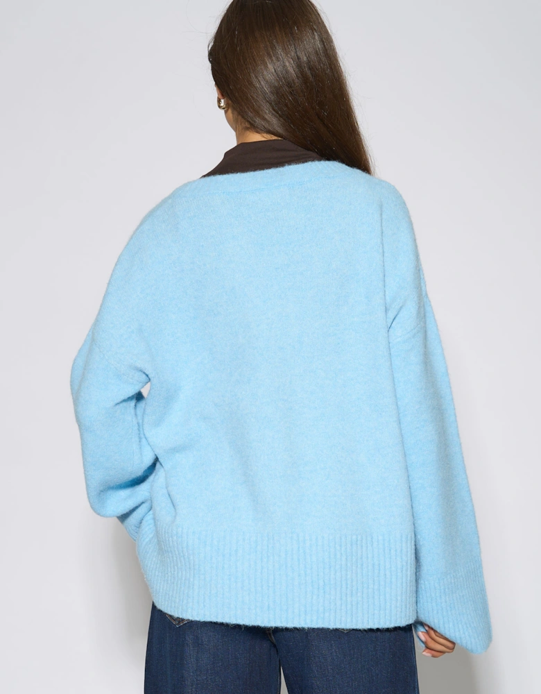 Bright Blue V Neck Recycle Mix Knit Jumper