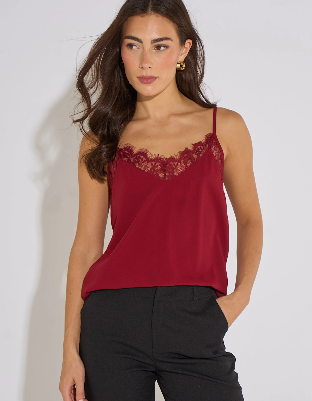 Gini London Women's Red Mulberry Lace Trim Strappy Cami Top In | Size: 16 - Image 2