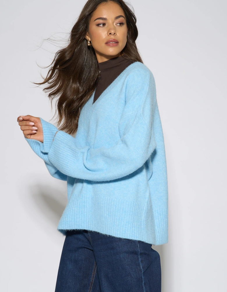 Bright Blue V Neck Recycle Mix Knit Jumper