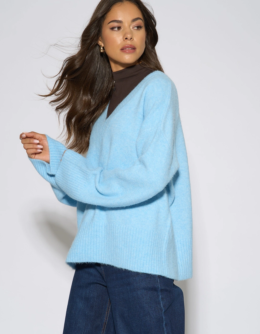 Bright Blue V Neck Recycle Mix Knit Jumper