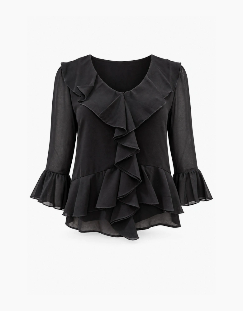 Black Cascade Ruffle Blouse