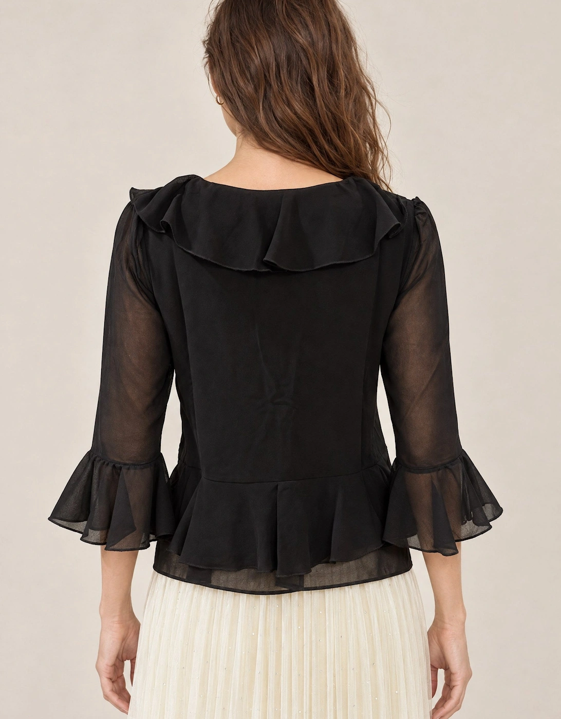 Black Cascade Ruffle Blouse