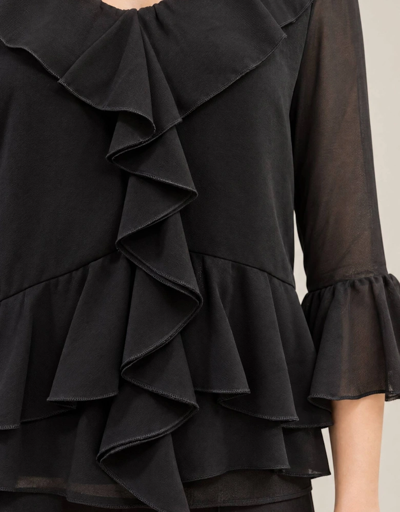 Black Cascade Ruffle Blouse