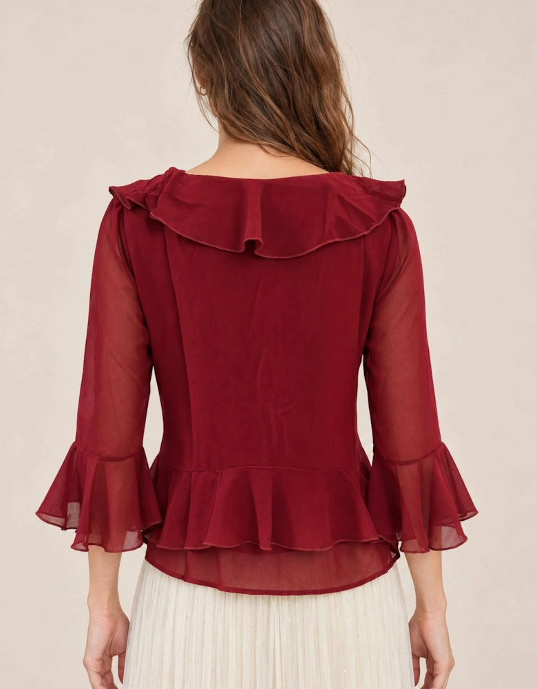 Burgundy Cascade Ruffle Blouse