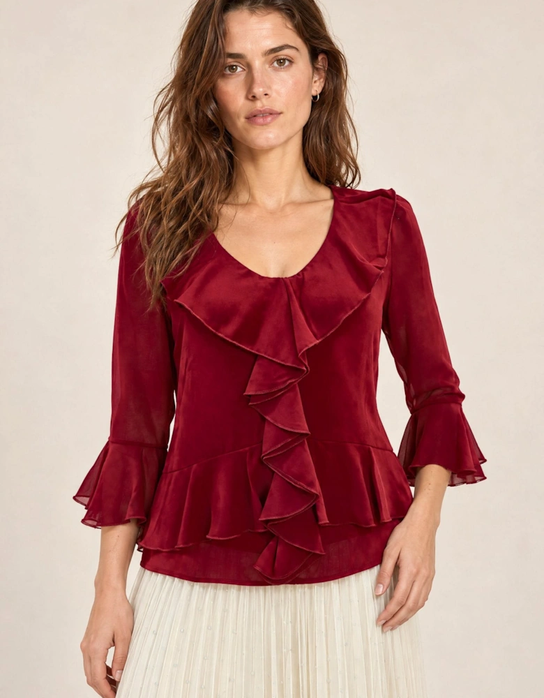 Burgundy Cascade Ruffle Blouse