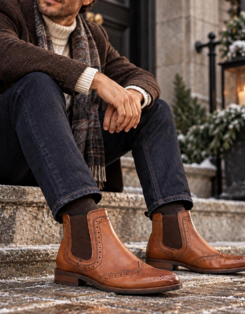 Roamers BLAKE Mens Leather Brogue Chelsea Boots Tan