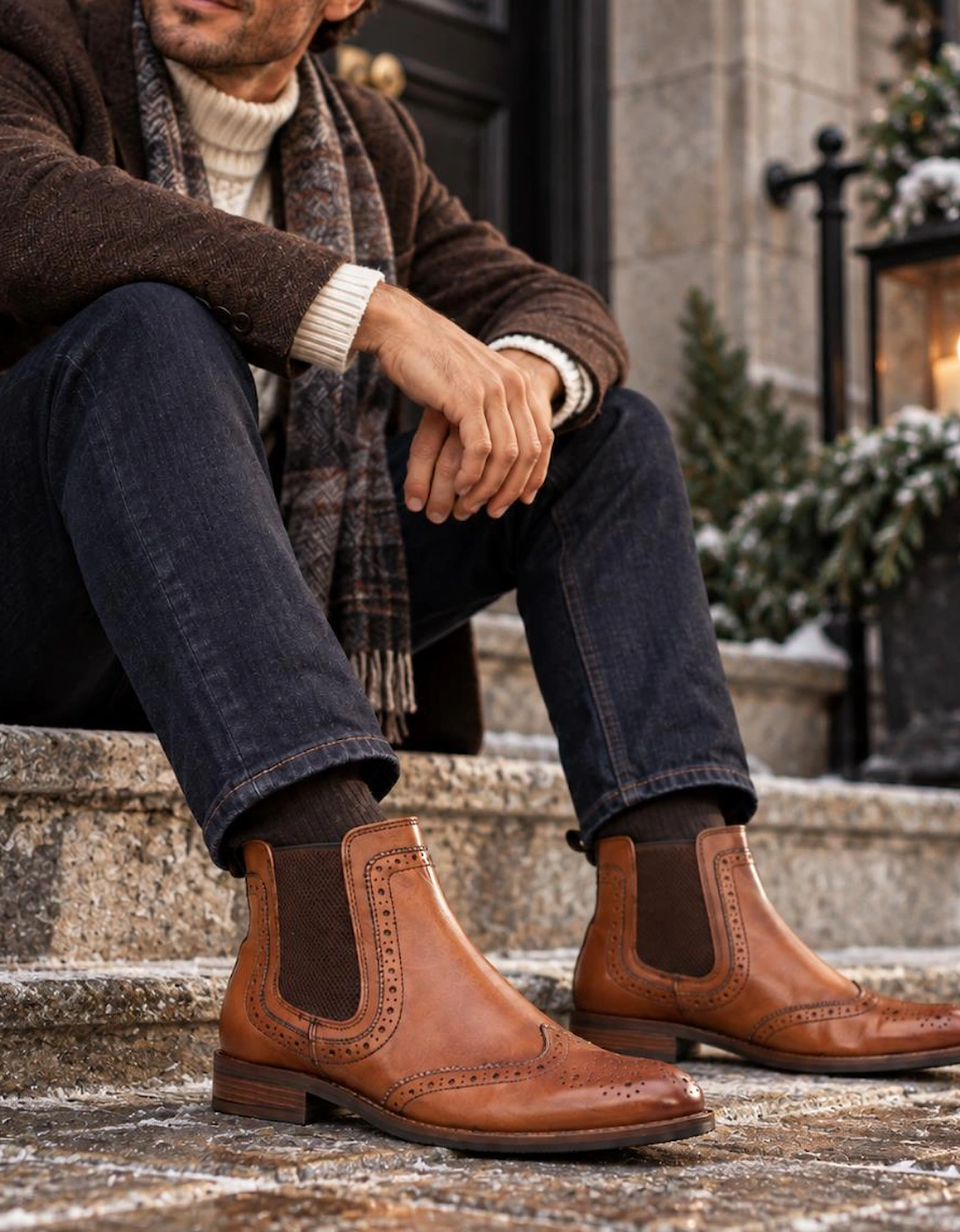 Roamers BLAKE Mens Leather Brogue Chelsea Boots Tan