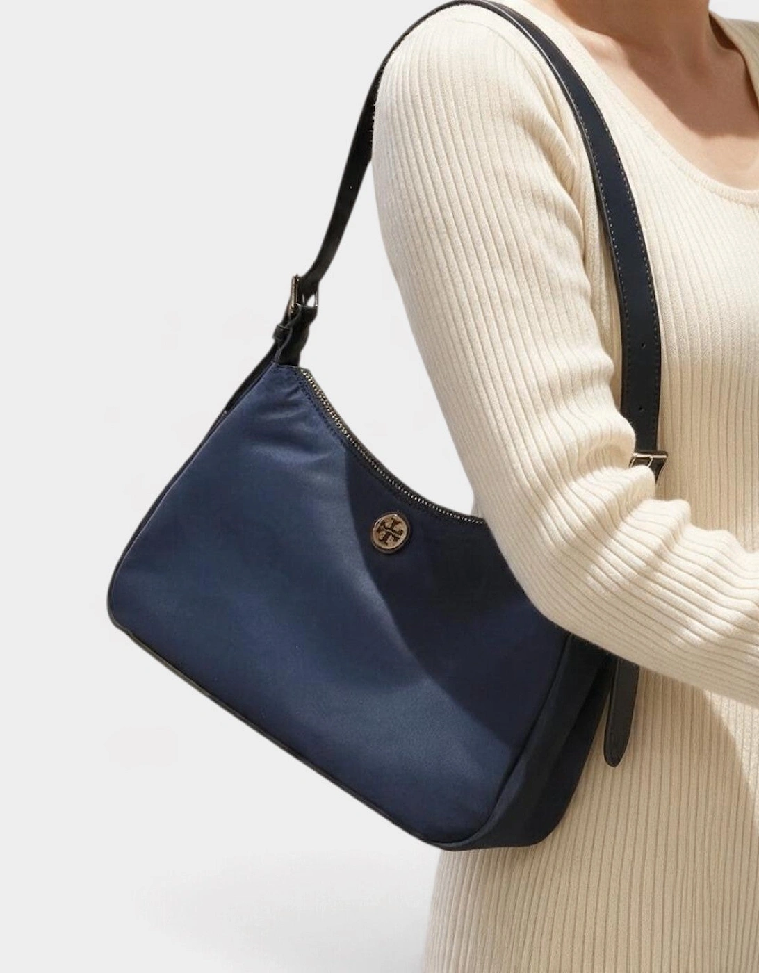 Nylon Zip Top Shoulder Bag Navy Blue