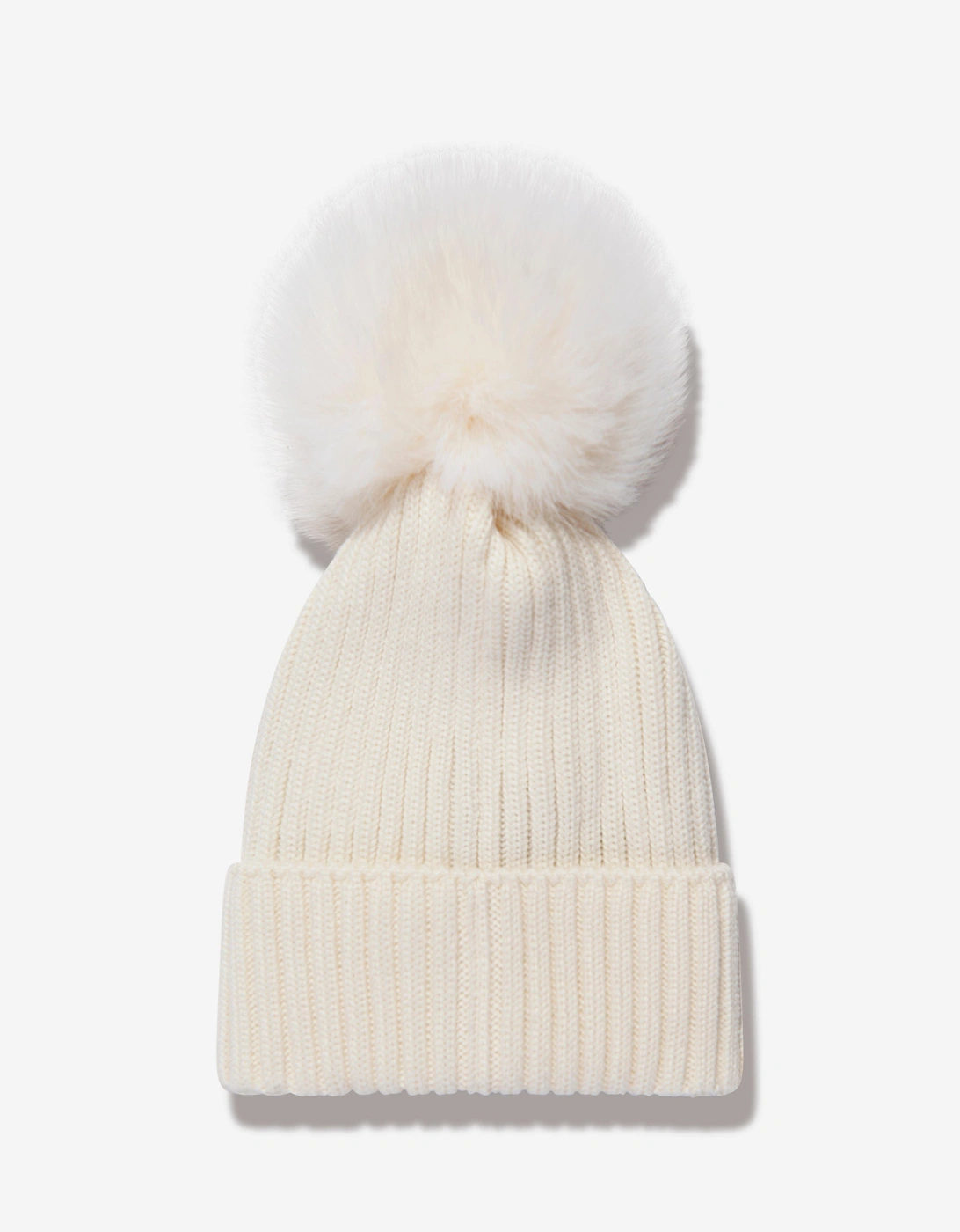 Moncler Enfant Girls Beanie with Faux Fur Pom Pom in Ivory