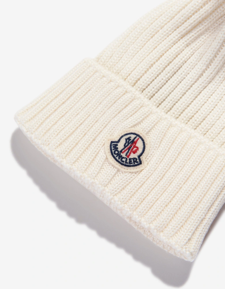 Moncler Enfant Girls Beanie with Faux Fur Pom Pom in Ivory