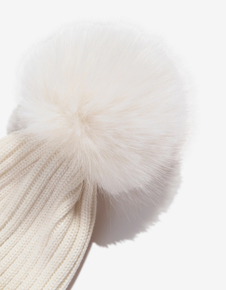Moncler Enfant Girls Beanie with Faux Fur Pom Pom in Ivory