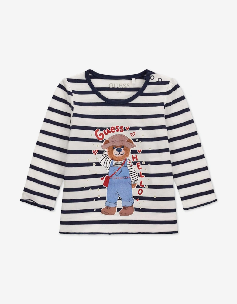 Guess Girls Long Sleeve Striped Bear T-Shirt in Blue