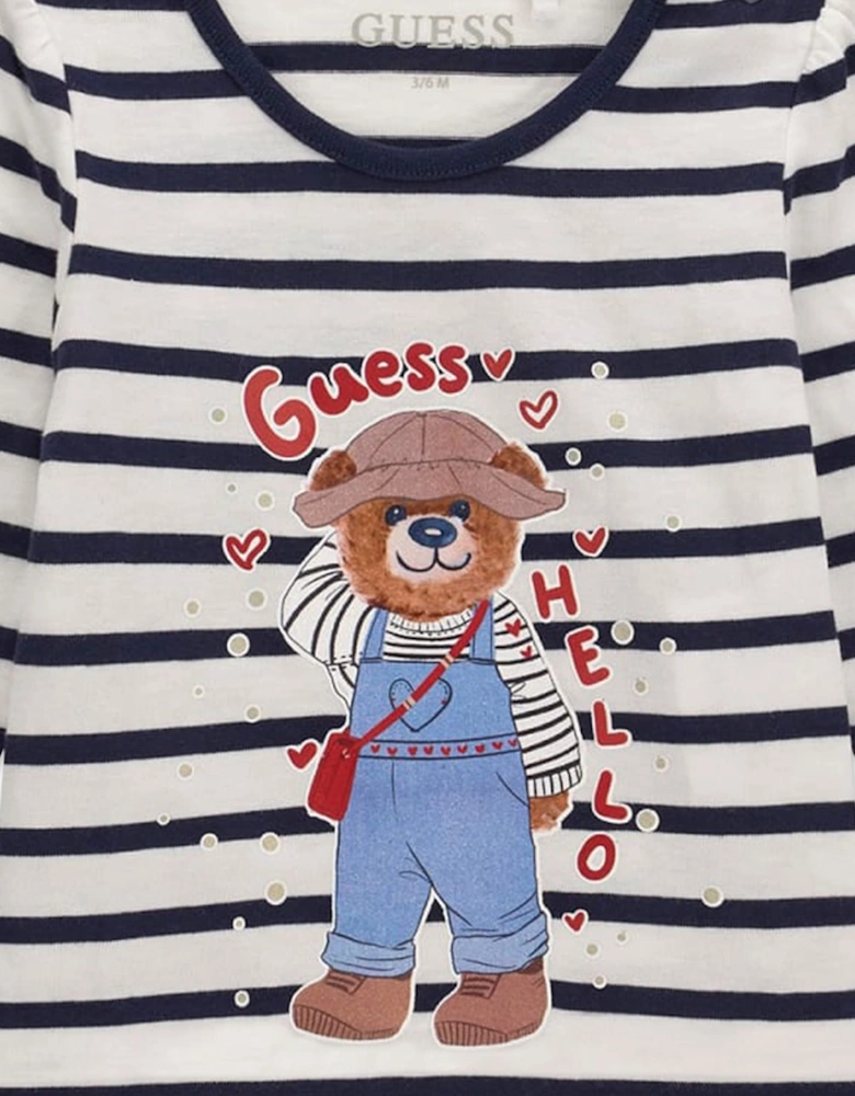 Guess Girls Long Sleeve Striped Bear T-Shirt in Blue