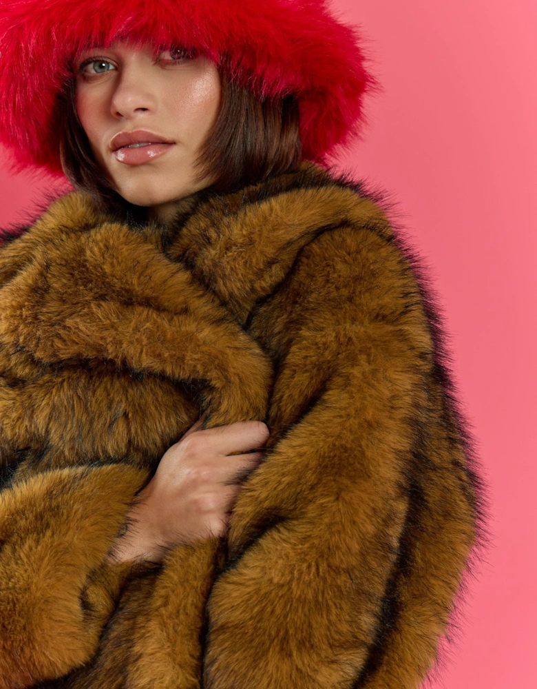 Mocha Bamboo Oversized Faux Fur Coat