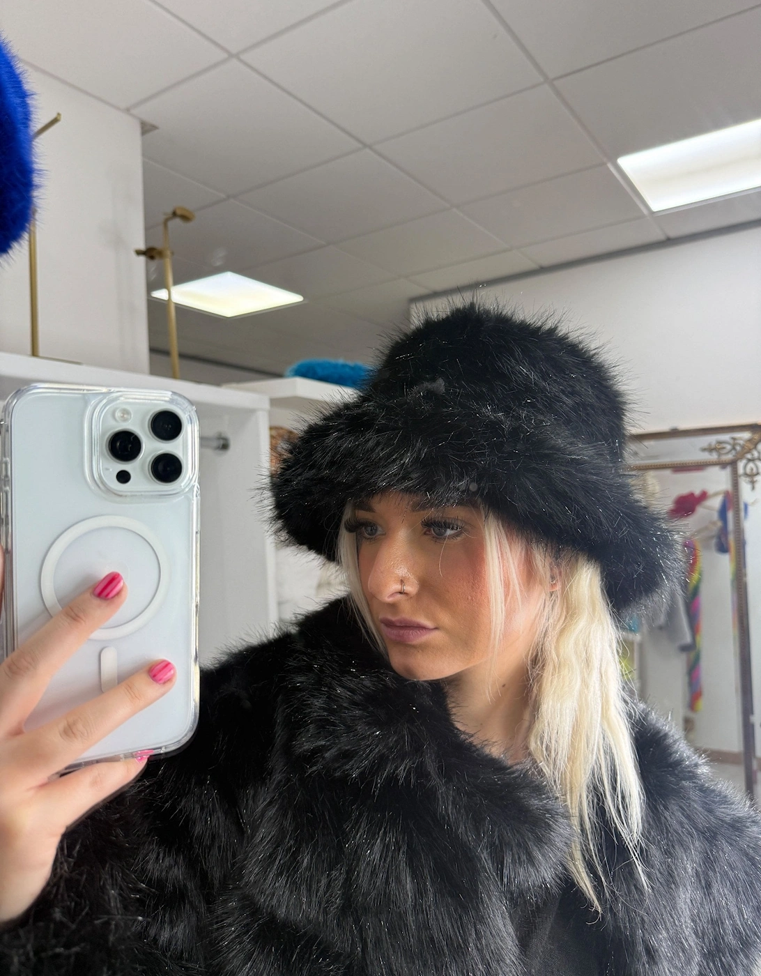 Cream Sparkle Metallic Bamboo Faux Fur Bucket Hat