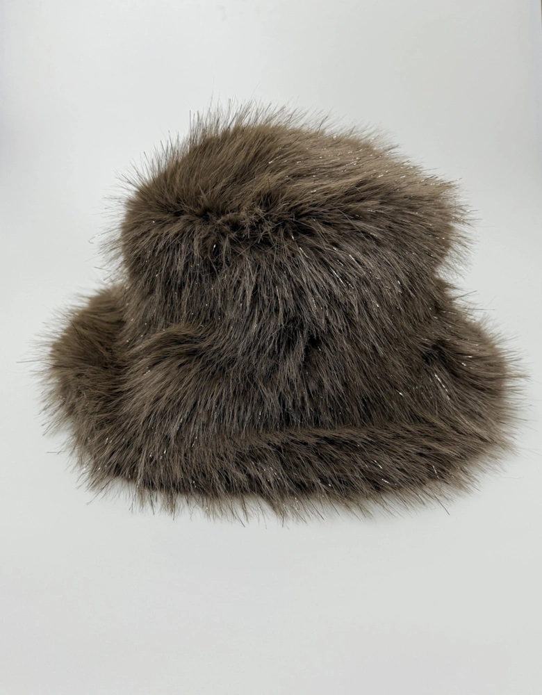 Cream Sparkle Metallic Bamboo Faux Fur Bucket Hat